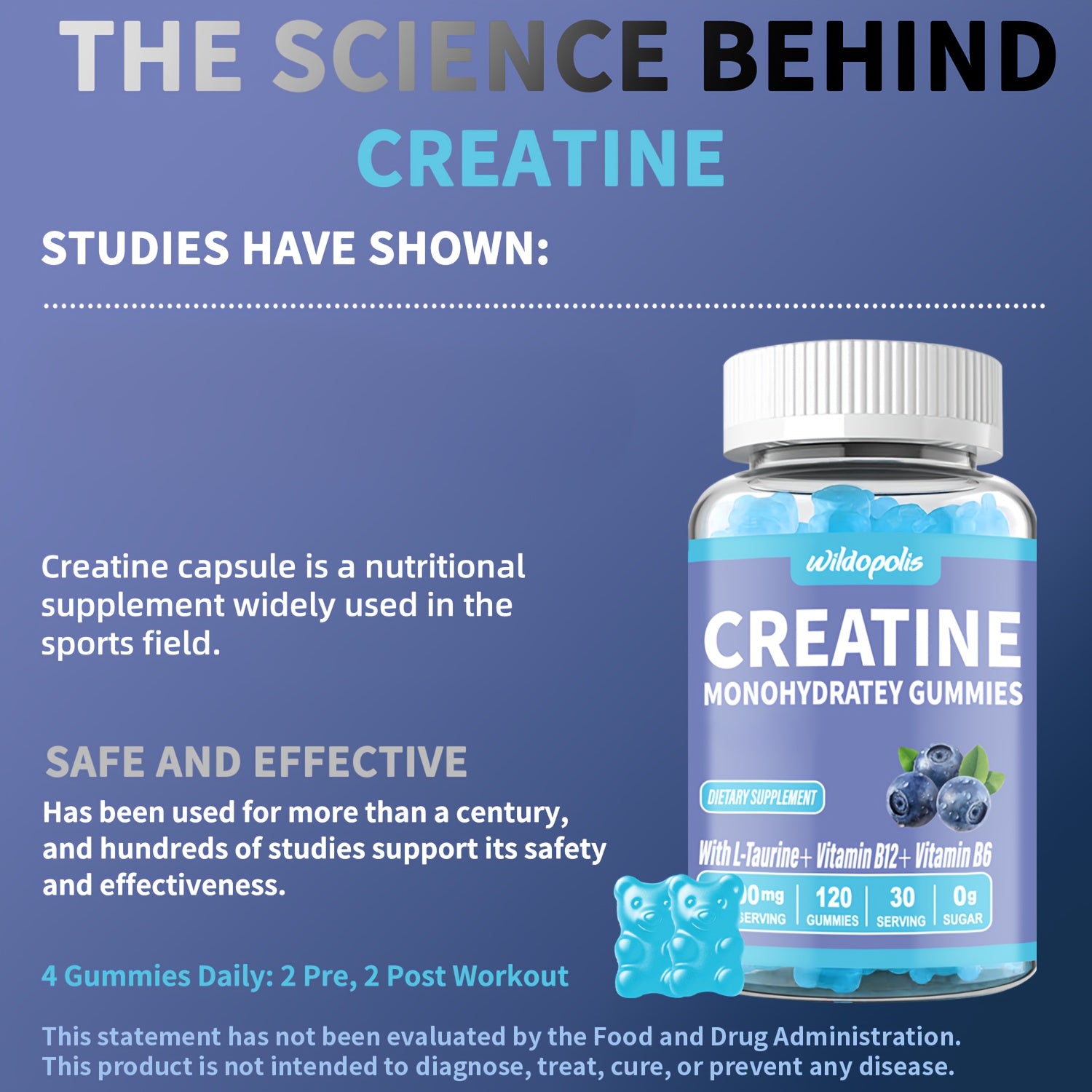 Creatine Gummies: 1.06 oz Of Creatine Per Serving, No Added Sugar Or Artificial Colors, Low Calorie. Scientifically Formulated And Flavored With Blue Raspberry, Each Bottle Contains 120 Gummies.
