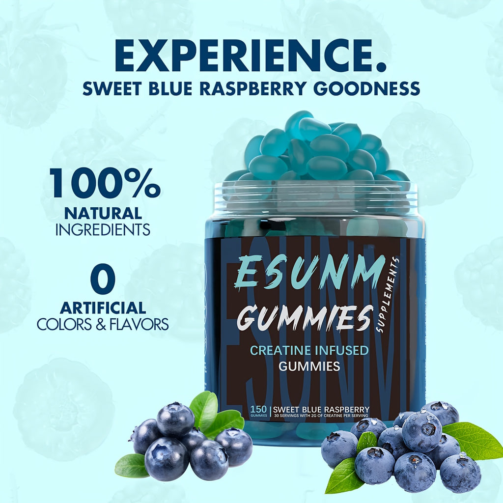 Creatine Gummies with 5g Creatine per Serving, Low-Calorie, Sugar-Free, Blueberry or Strawberry Flavor (150 Gummies per Bottle)
