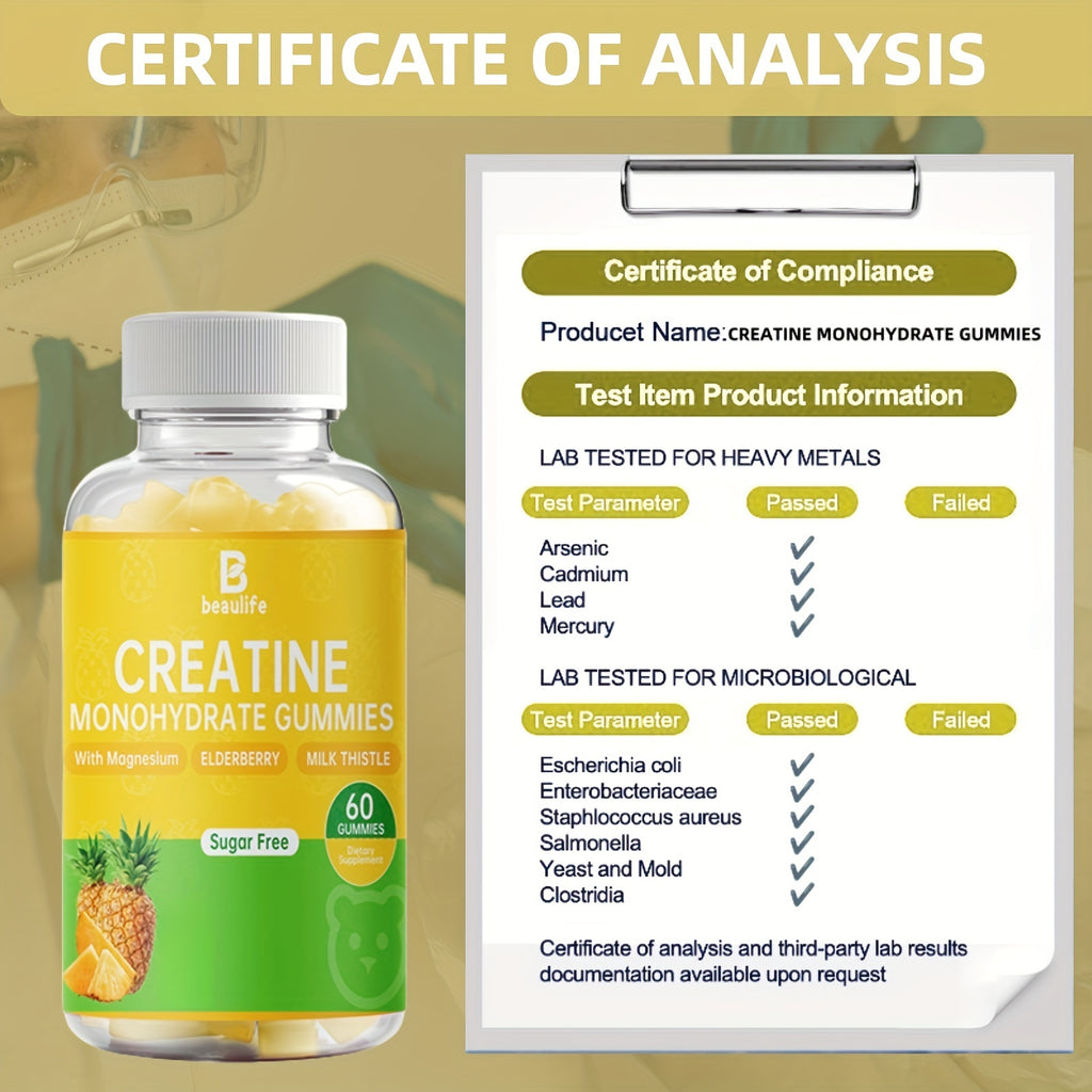 1btl, Creatine Monohydrate, 60pcs Gummies, Sugar-Free, Supplement, Magnesium, Black Elderberry, Milk Thistle, Creatine, Little Bear Shaped