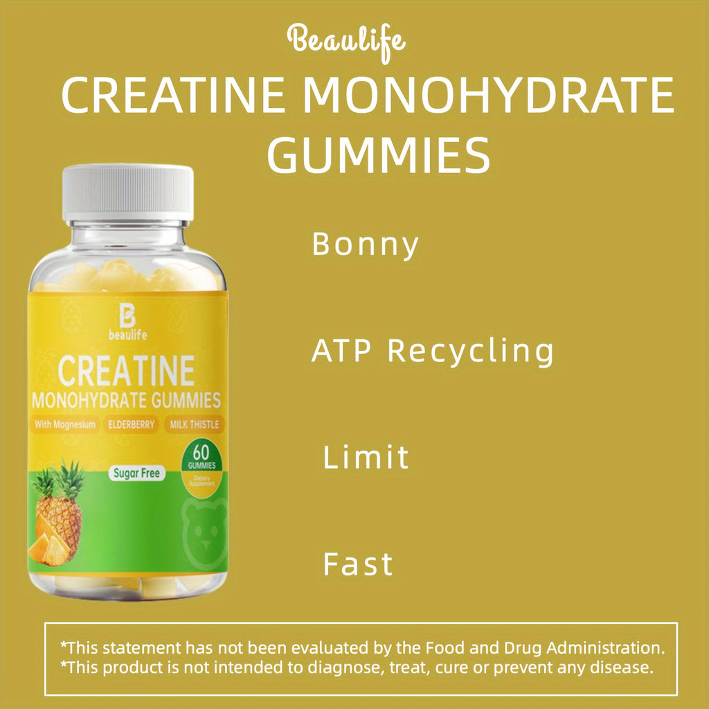 1btl, Creatine Monohydrate, 60pcs Gummies, Sugar-Free, Supplement, Magnesium, Black Elderberry, Milk Thistle, Creatine, Little Bear Shaped