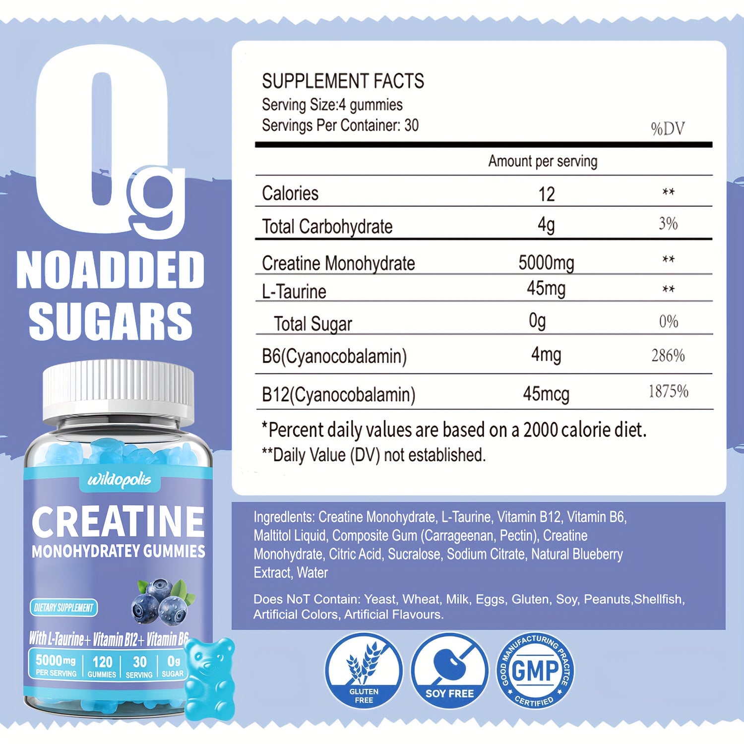 Creatine Gummies: 1.06 oz Of Creatine Per Serving, No Added Sugar Or Artificial Colors, Low Calorie. Scientifically Formulated And Flavored With Blue Raspberry, Each Bottle Contains 120 Gummies.