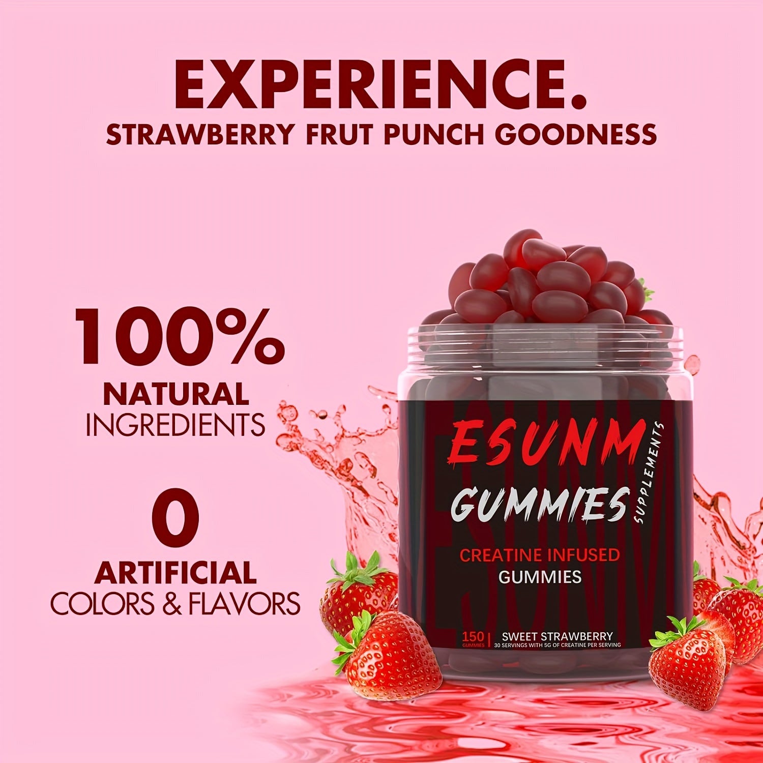 Creatine Gummies with 5g Creatine per Serving, Low-Calorie, Sugar-Free, Blueberry or Strawberry Flavor (150 Gummies per Bottle)