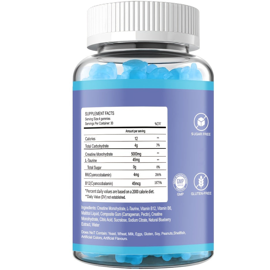 Creatine Gummies: 1.06 oz Of Creatine Per Serving, No Added Sugar Or Artificial Colors, Low Calorie. Scientifically Formulated And Flavored With Blue Raspberry, Each Bottle Contains 120 Gummies.