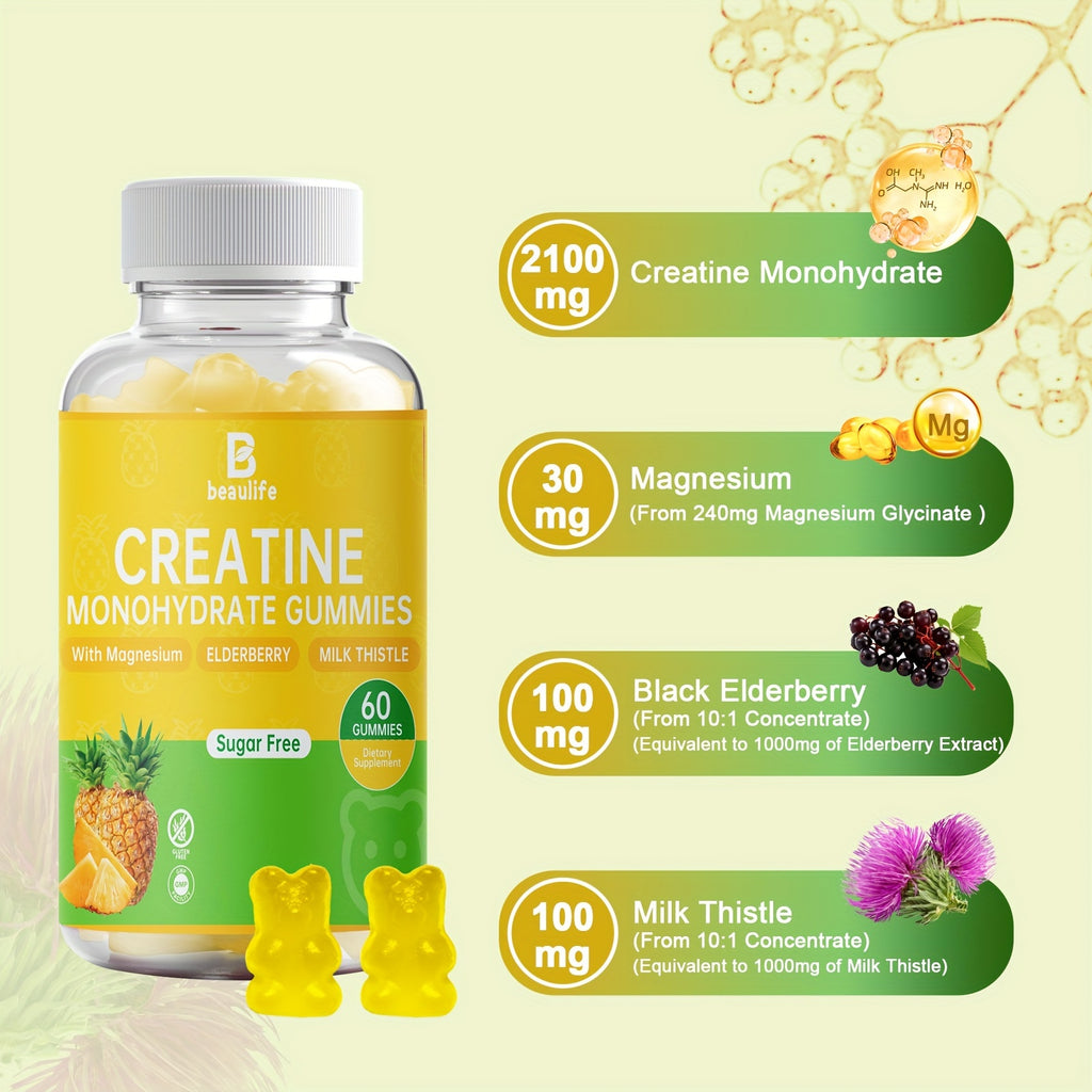 1btl, Creatine Monohydrate, 60pcs Gummies, Sugar-Free, Supplement, Magnesium, Black Elderberry, Milk Thistle, Creatine, Little Bear Shaped