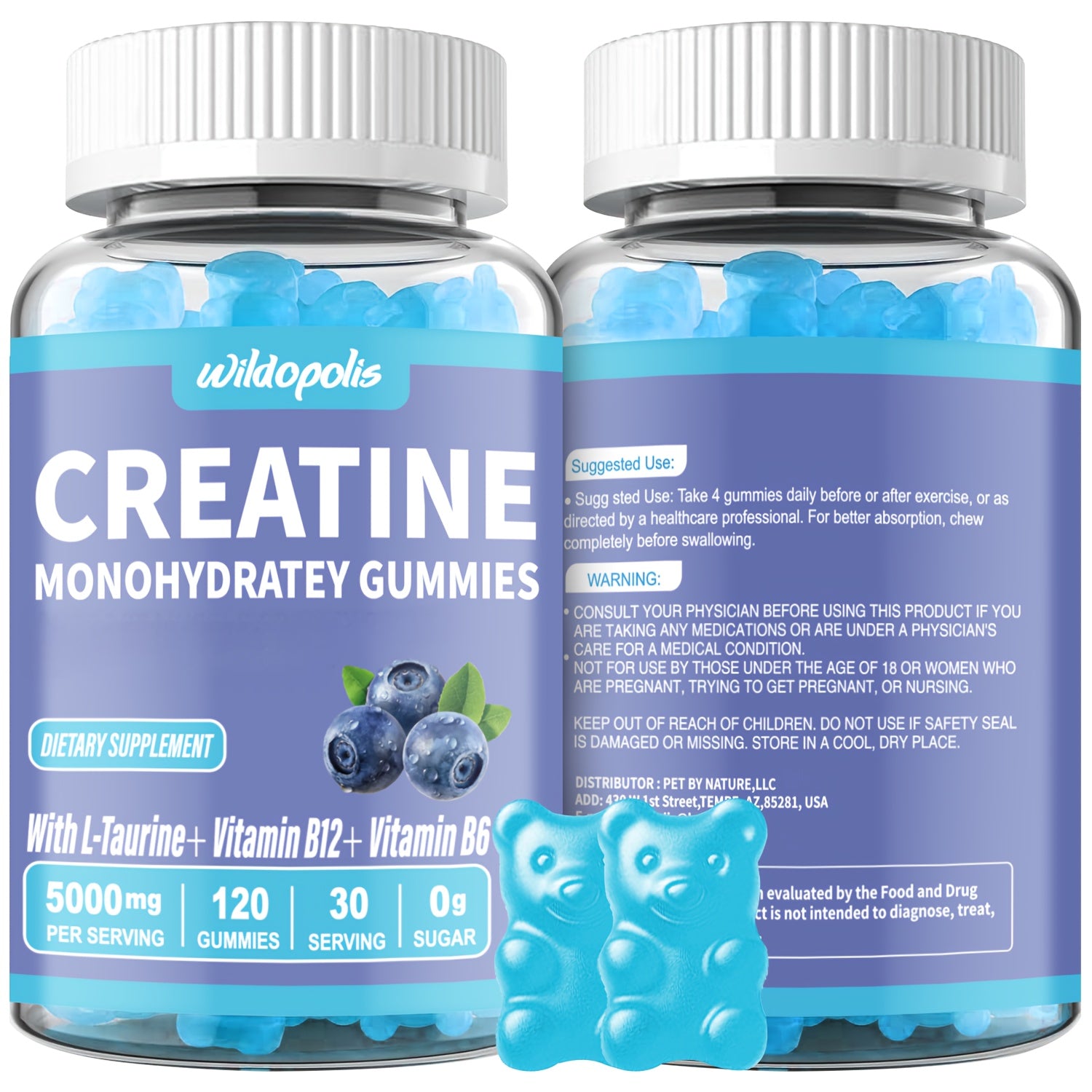 Creatine Gummies: 1.06 oz Of Creatine Per Serving, No Added Sugar Or Artificial Colors, Low Calorie. Scientifically Formulated And Flavored With Blue Raspberry, Each Bottle Contains 120 Gummies.