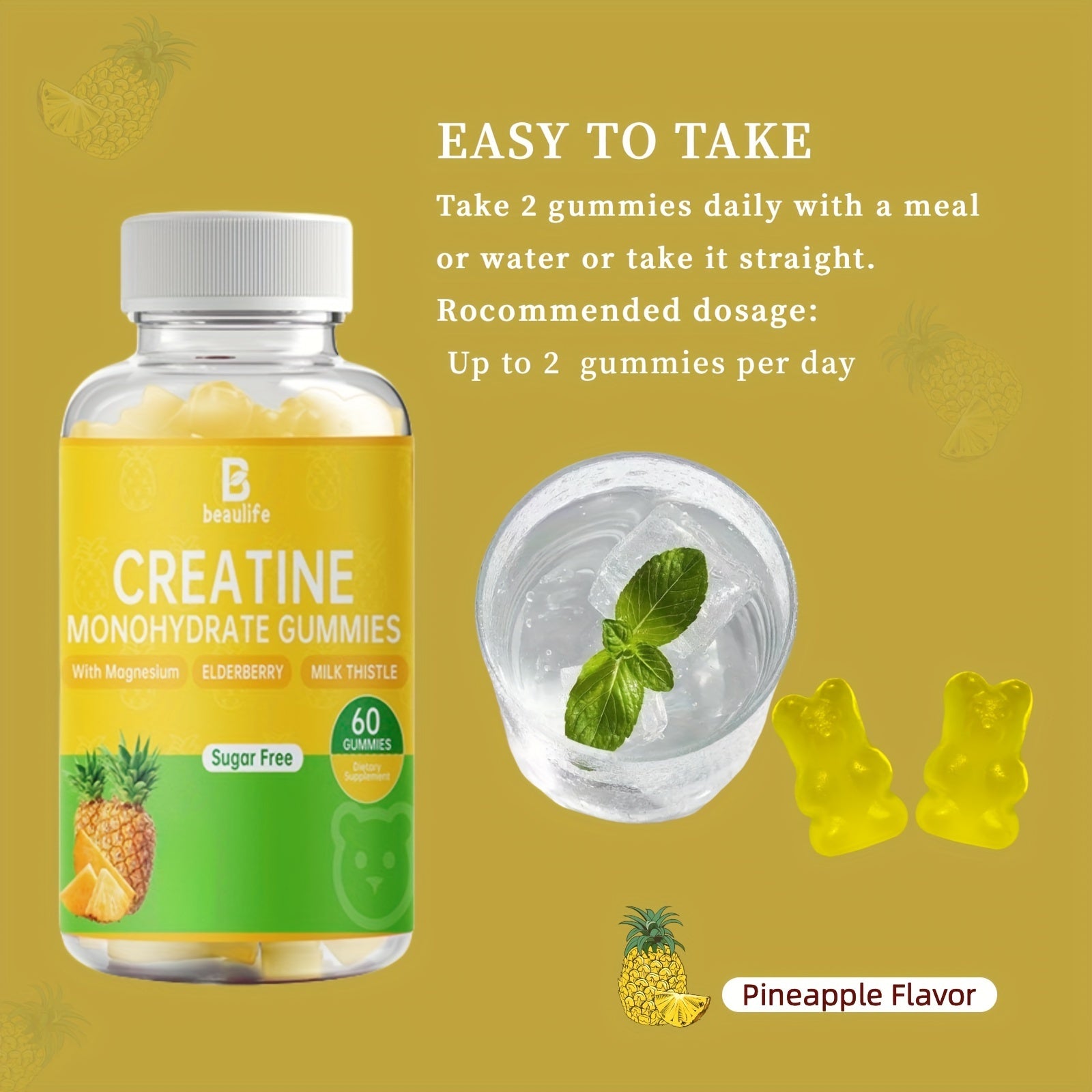 1btl, Creatine Monohydrate, 60pcs Gummies, Sugar-Free, Supplement, Magnesium, Black Elderberry, Milk Thistle, Creatine, Little Bear Shaped