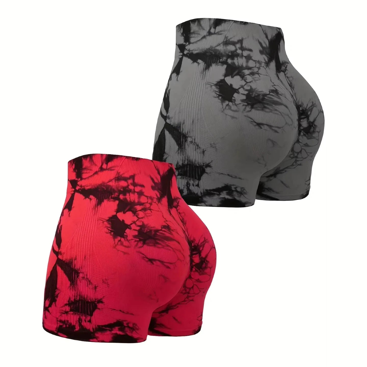 2pcs Women's High-Waist Tie-Dye Yoga Shorts - Seamless, Booty Lifting, Stretchy Nylon & Spandex Blend, Red & Grey