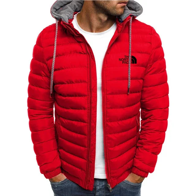 New men's short hooded cotton jacket for autumn and winter, outdoor windproof, warm and casual zipper printed men's jacket