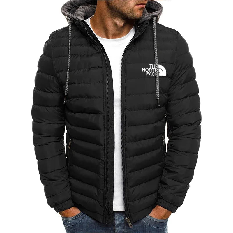 New men's short hooded cotton jacket for autumn and winter, outdoor windproof, warm and casual zipper printed men's jacket