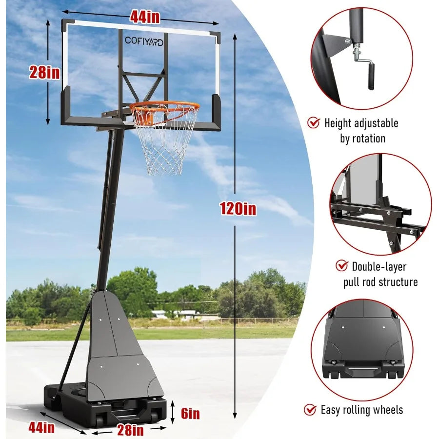 Basketball Hoop Outdoor with 44/54 Inch Shatterproof Backboard 5.25-10FT Height Portable Basketball Hoop with Sandbag Adjustabl