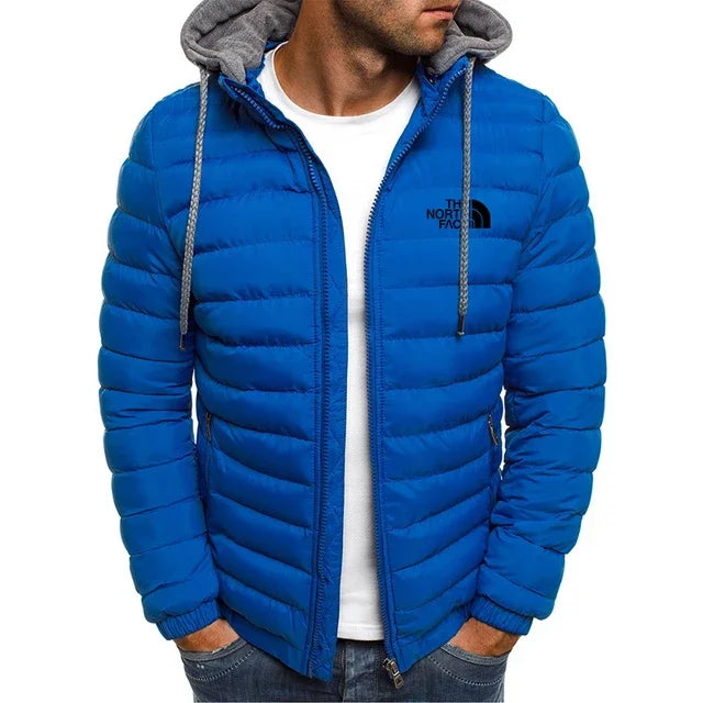 New men's short hooded cotton jacket for autumn and winter, outdoor windproof, warm and casual zipper printed men's jacket