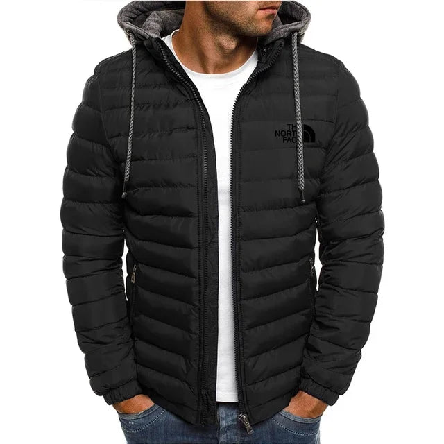 New men's short hooded cotton jacket for autumn and winter, outdoor windproof, warm and casual zipper printed men's jacket