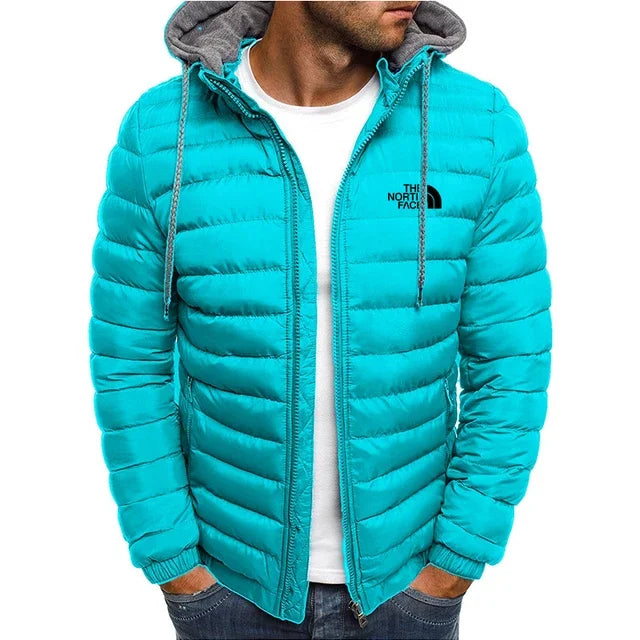 New men's short hooded cotton jacket for autumn and winter, outdoor windproof, warm and casual zipper printed men's jacket