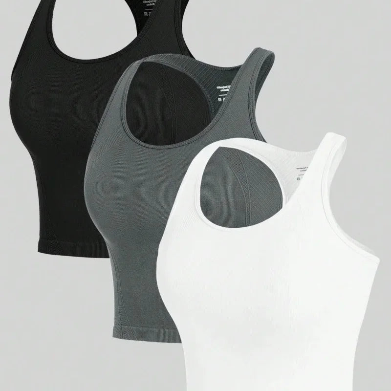 3 Piece Yoga Vest Women Gym Sports Racerback Crop Tops Seamless Streetwear Rib Knit Workout BreathableTank Top Female