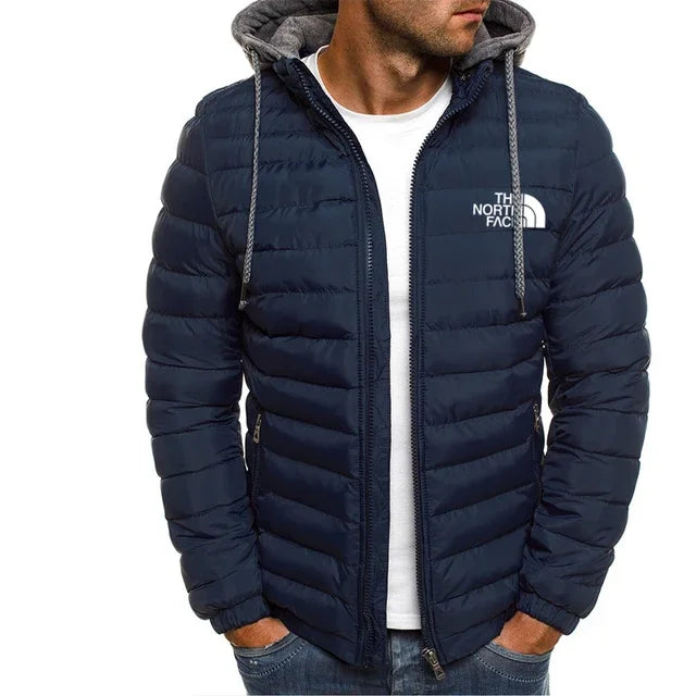New men's short hooded cotton jacket for autumn and winter, outdoor windproof, warm and casual zipper printed men's jacket