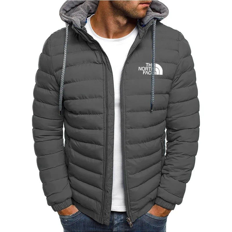 New men's short hooded cotton jacket for autumn and winter, outdoor windproof, warm and casual zipper printed men's jacket