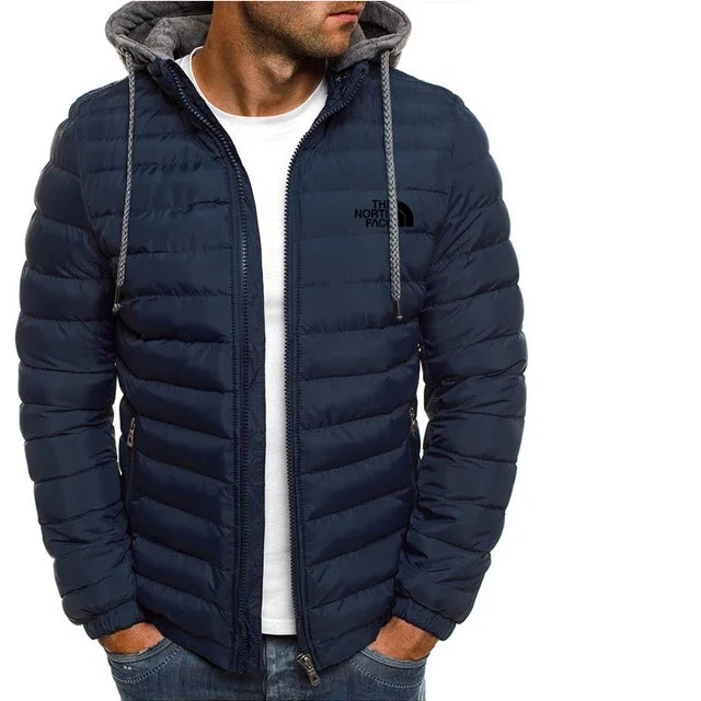 New men's short hooded cotton jacket for autumn and winter, outdoor windproof, warm and casual zipper printed men's jacket