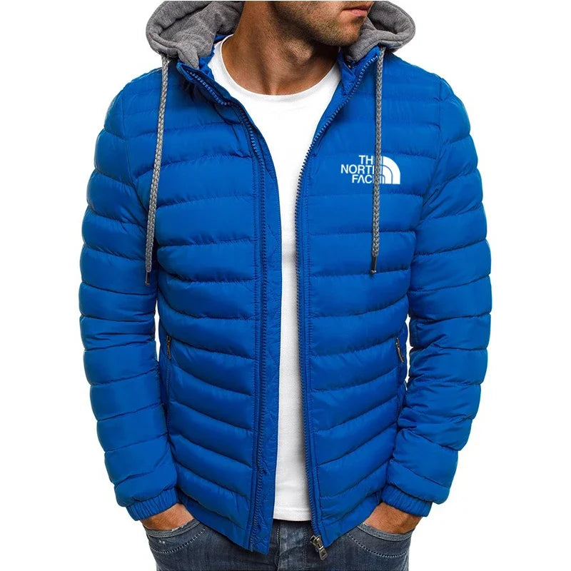 New men's short hooded cotton jacket for autumn and winter, outdoor windproof, warm and casual zipper printed men's jacket