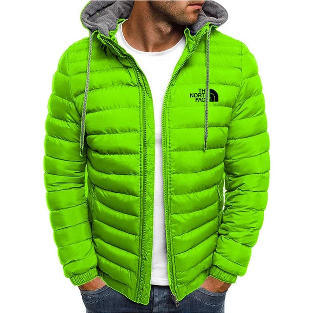New men's short hooded cotton jacket for autumn and winter, outdoor windproof, warm and casual zipper printed men's jacket