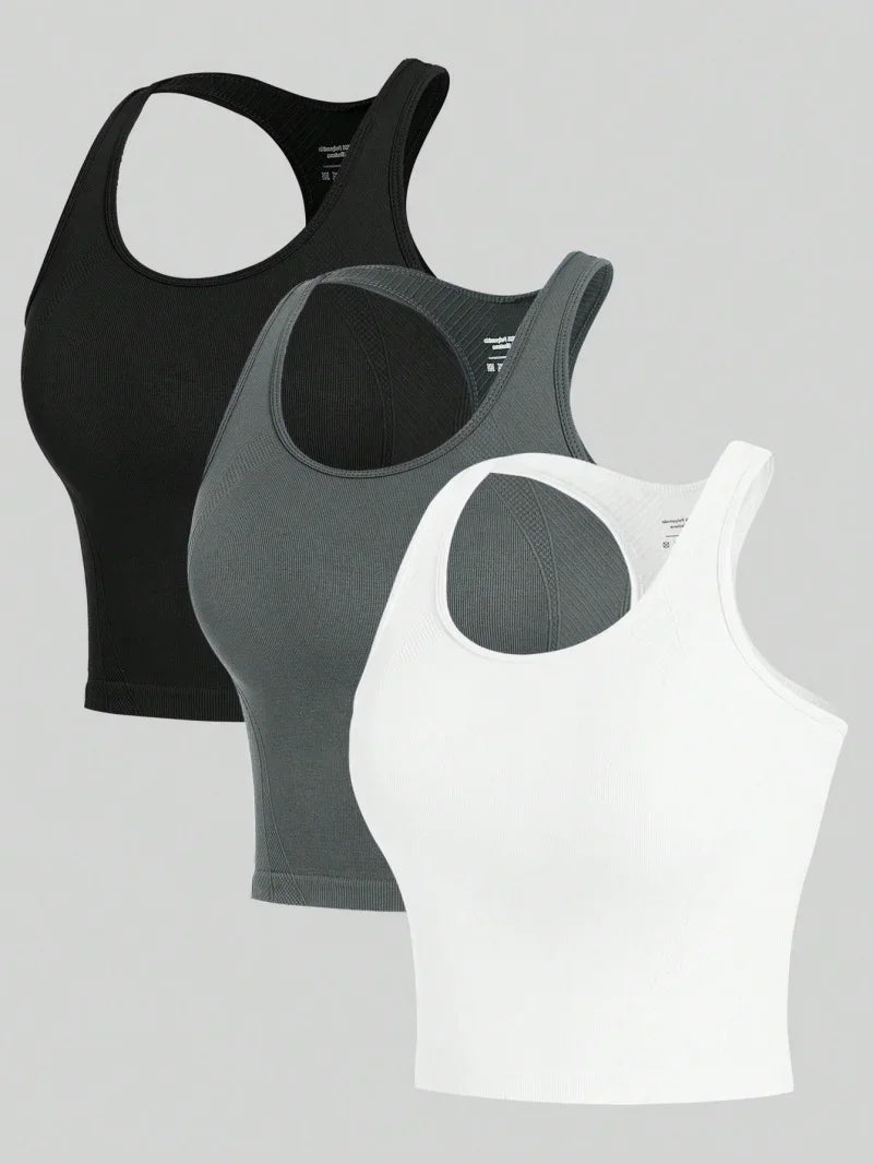 3 Piece Yoga Vest Women Gym Sports Racerback Crop Tops Seamless Streetwear Rib Knit Workout BreathableTank Top Female