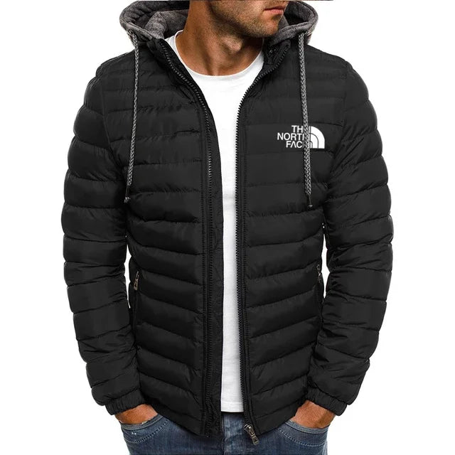 New men's short hooded cotton jacket for autumn and winter, outdoor windproof, warm and casual zipper printed men's jacket
