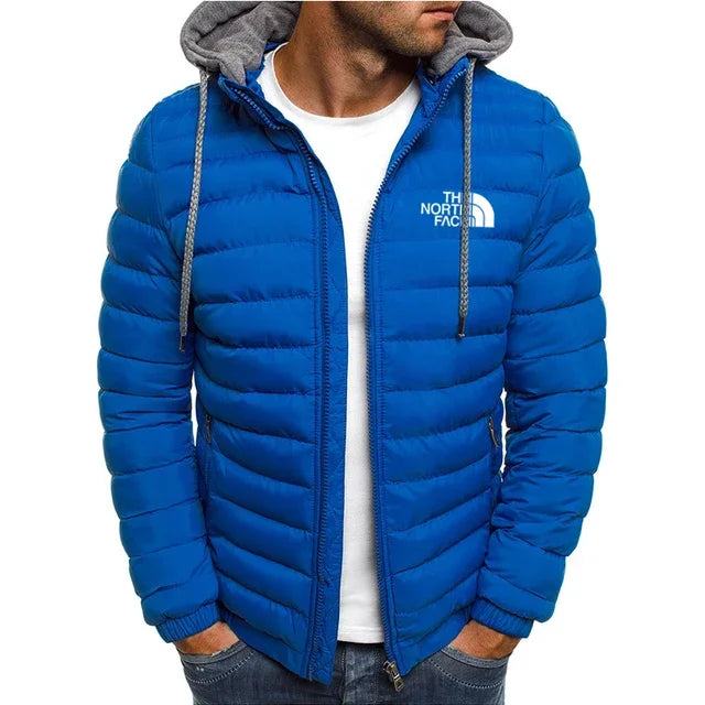 New men's short hooded cotton jacket for autumn and winter, outdoor windproof, warm and casual zipper printed men's jacket