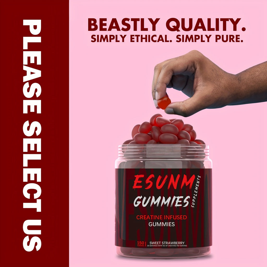 Creatine Gummies with 5g Creatine per Serving, Low-Calorie, Sugar-Free, Blueberry or Strawberry Flavor (150 Gummies per Bottle)