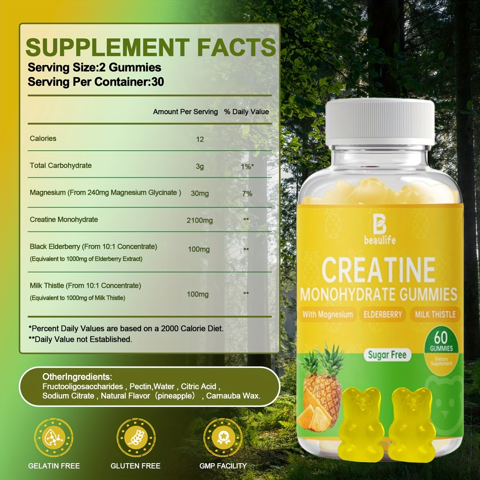 1btl, Creatine Monohydrate, 60pcs Gummies, Sugar-Free, Supplement, Magnesium, Black Elderberry, Milk Thistle, Creatine, Little Bear Shaped