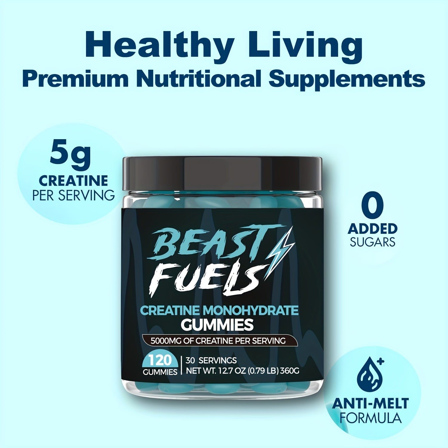 Advanced Creatine Monohydrate Gummies - 120 Count, 5000mg Each with L-Taurine & Vitamin B12 for Men & Women, Hypoallergenic