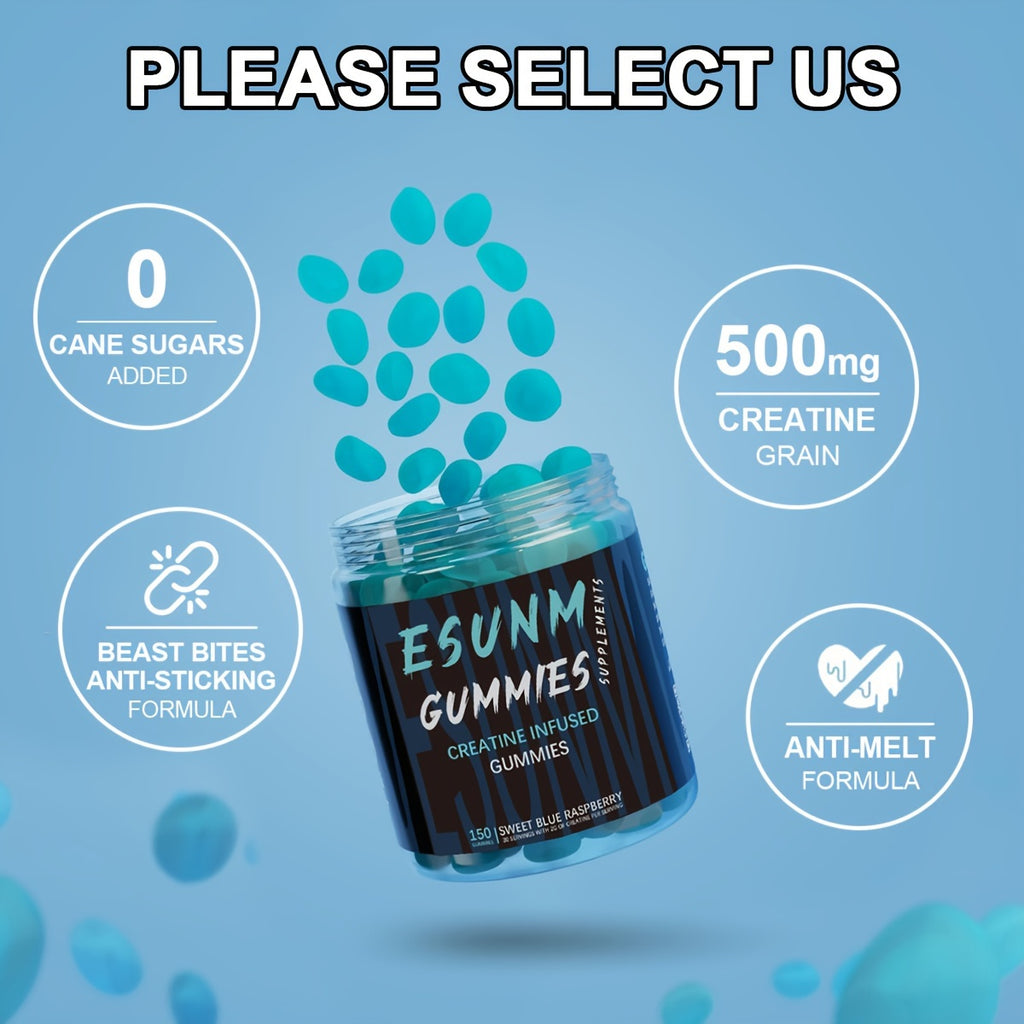 Creatine Gummies with 5g Creatine per Serving, Low-Calorie, Sugar-Free, Blueberry or Strawberry Flavor (150 Gummies per Bottle)