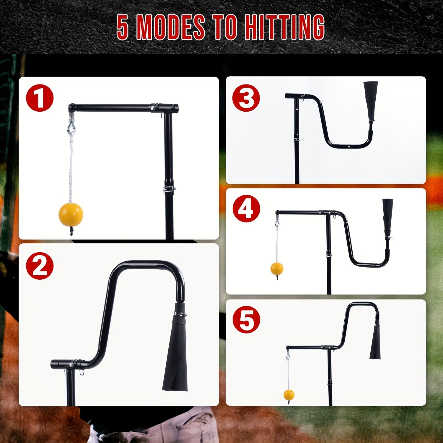 3-in-1 Baseball Softball Batting Tee, 5 Hitting Modes to Choose, Auto Reset Baseball Swing Trainner with Tethered Ball, Baseball Bat Grip, Hitting Practice, Batting Drills, Adjustable Tee, Portable Trainer, Durable Constructi