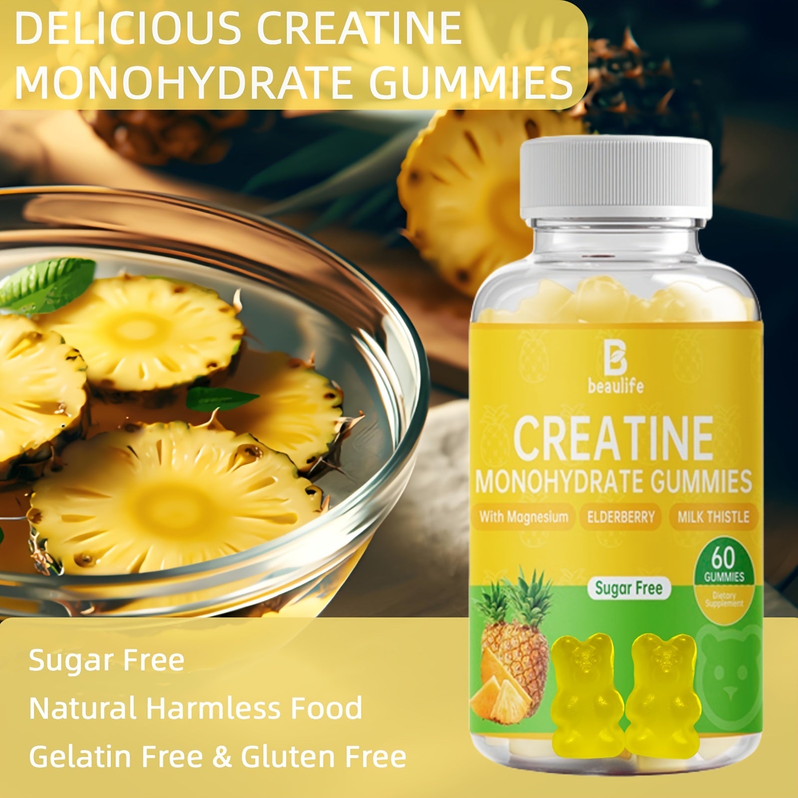 1btl, Creatine Monohydrate, 60pcs Gummies, Sugar-Free, Supplement, Magnesium, Black Elderberry, Milk Thistle, Creatine, Little Bear Shaped